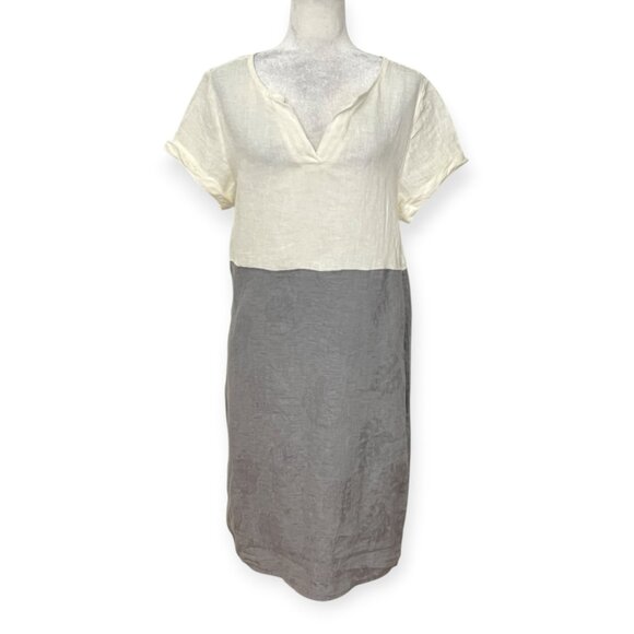 Lina Tomei Shift Dress M Italy Made Linen Colorblock White Gray Short Sleeve - Picture 1 of 10